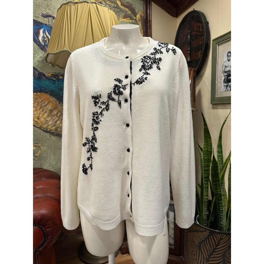 Women's RQT White and Black Floral Cardigan Sweater Large
